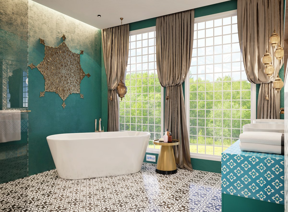 Orientalna łazienka z patchworkowymi płytkami.